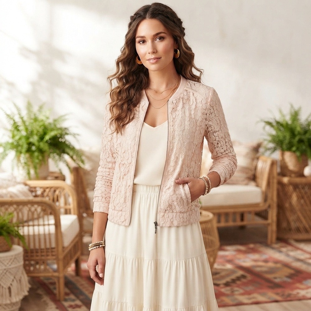 NWT LC Lauren Conrad Sheer Luxe Lace Bomber Jacket Full Zip Floral Blush Pink 4